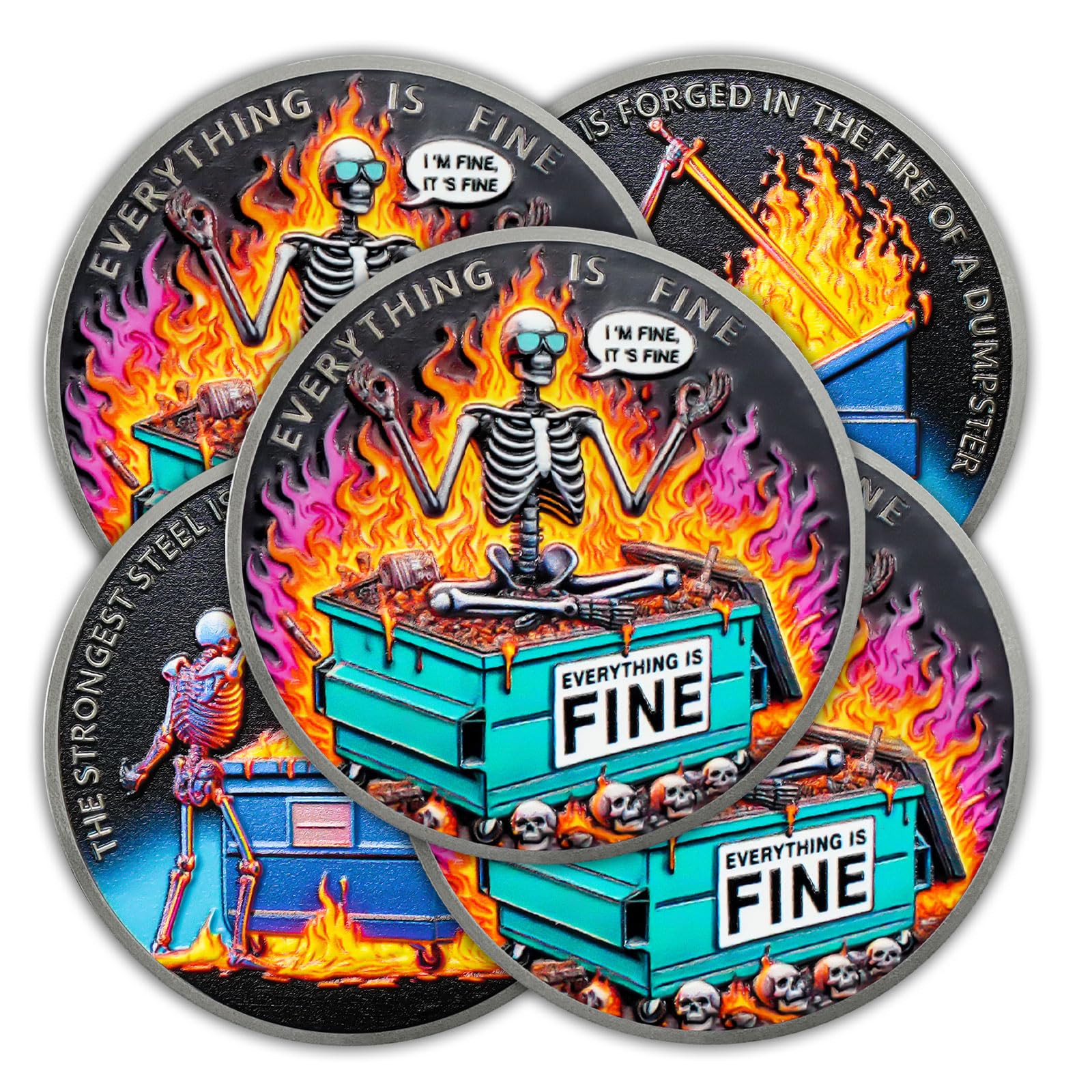 5pcs Sunglasses Skull Dumpster Fire Coin Skull Dumpster Fire Desk Accessories Firefighter Challenge Coin Novelty Coins Pocket Token Inspirational Gifts for Men Women