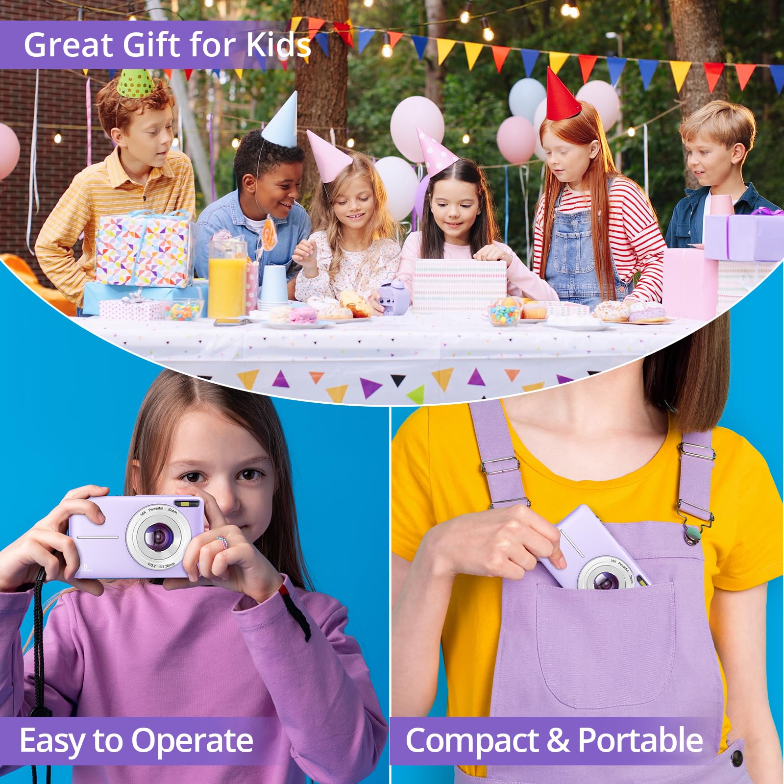 Toberto Digital Camera for Teens, FHD 1080P Digital Camera for Kids with 16X Zoom Anti Shake, Flashlight, 44MP Point and Shoot Camera Compact Small Camera for Girls, Boys, Students - Purple