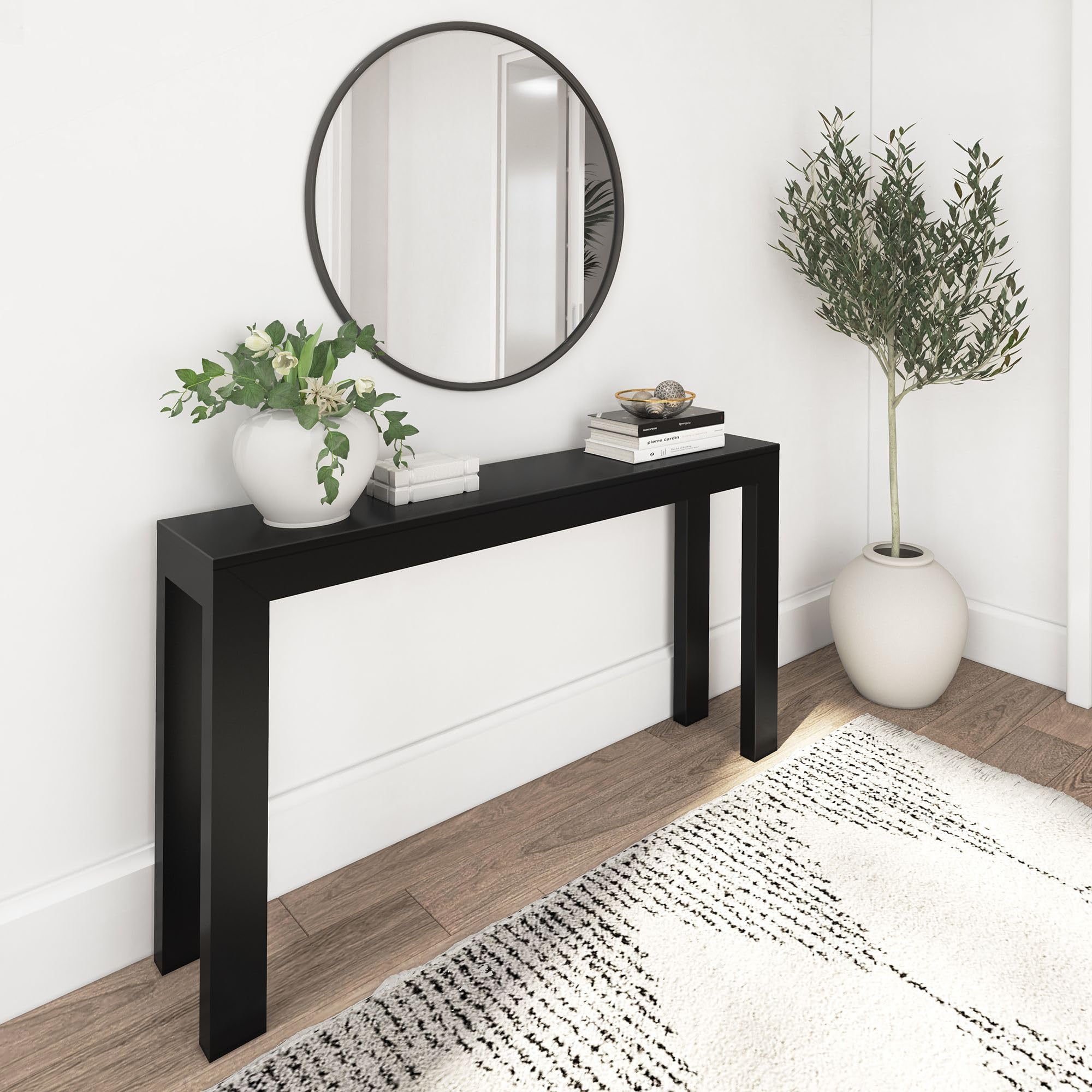 Photo 1 of Plank+Beam Modern Solid Wood Console Table, 56 Inch, Sofa Table, Narrow Entryway Table for Hallway, Behind The Couch, Living Room, Foyer, Easy Assembly, Black
