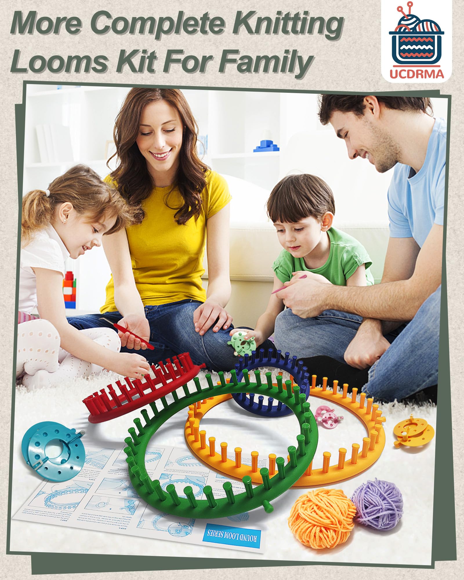 UCDRMA Loom Knitting Kit with Yarn, 23PCS Round Knitting Loom Kit for Beginners Including Instructions and Pom Pom Maker, Easy & Quick Hat Knitting Loom Set/Scarf Loom Knitting Set for Family