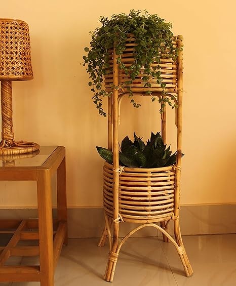 Zilver Handmade and Handcrafted Cane Flower Pot Plant Stand Vases Planters for Indoor Plants Patio Living Room Balcony Cafe Garden Home Decor Restaurant Varnish Brown Color