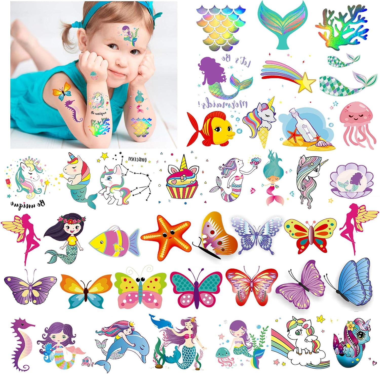 HOWAF 80pcs Temporary Tattoos for Kids Mermaid/Butterfly/Unicorn Tattoos for Kid Friendly Fake Waterproof Tattoo Sticker for Childrens Girls - Image 3