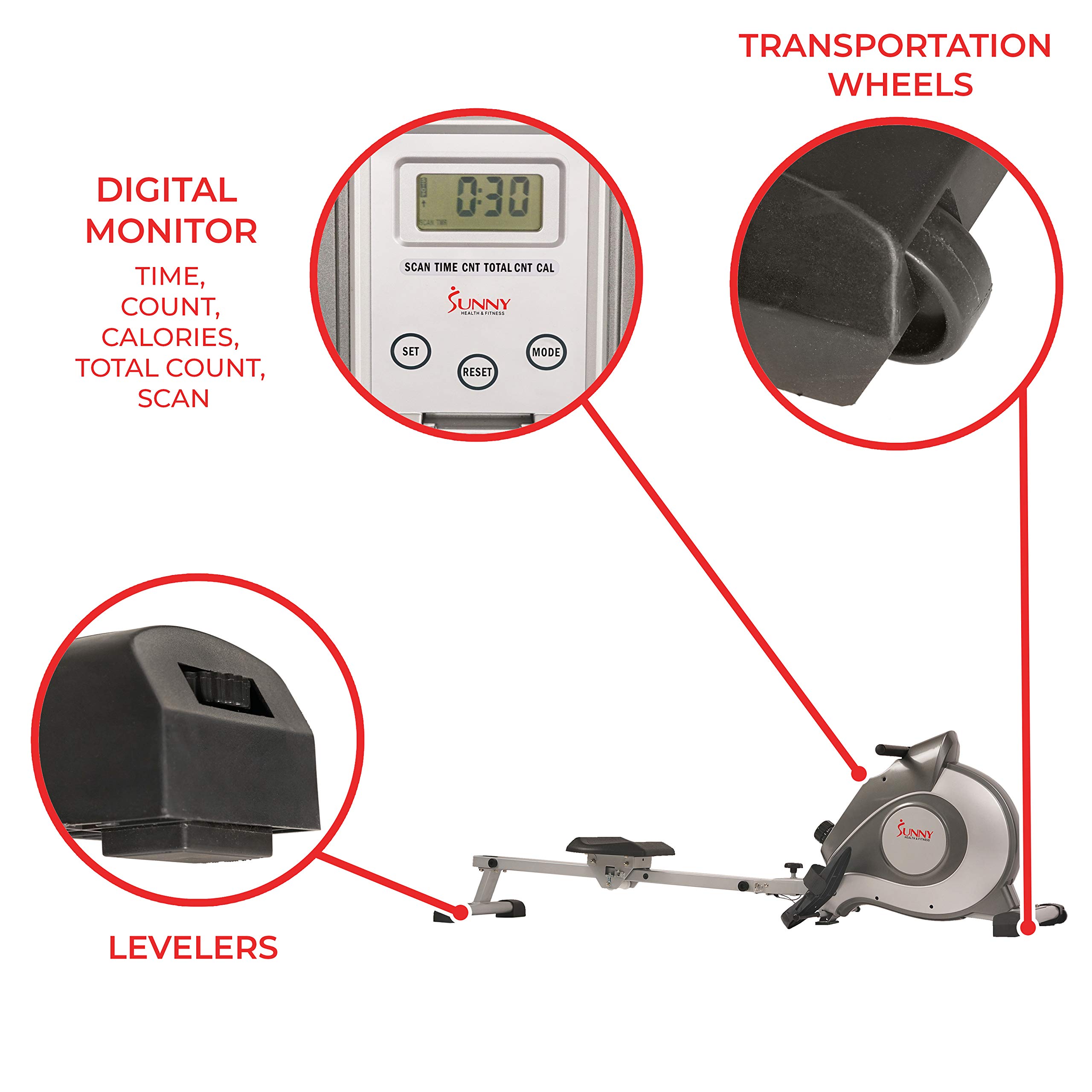 Sunny Health & Fitness Magnetic Rowing Machine Rower with LCD Monitor & Extended Slide Rail - SF-RW5515 - Image 4