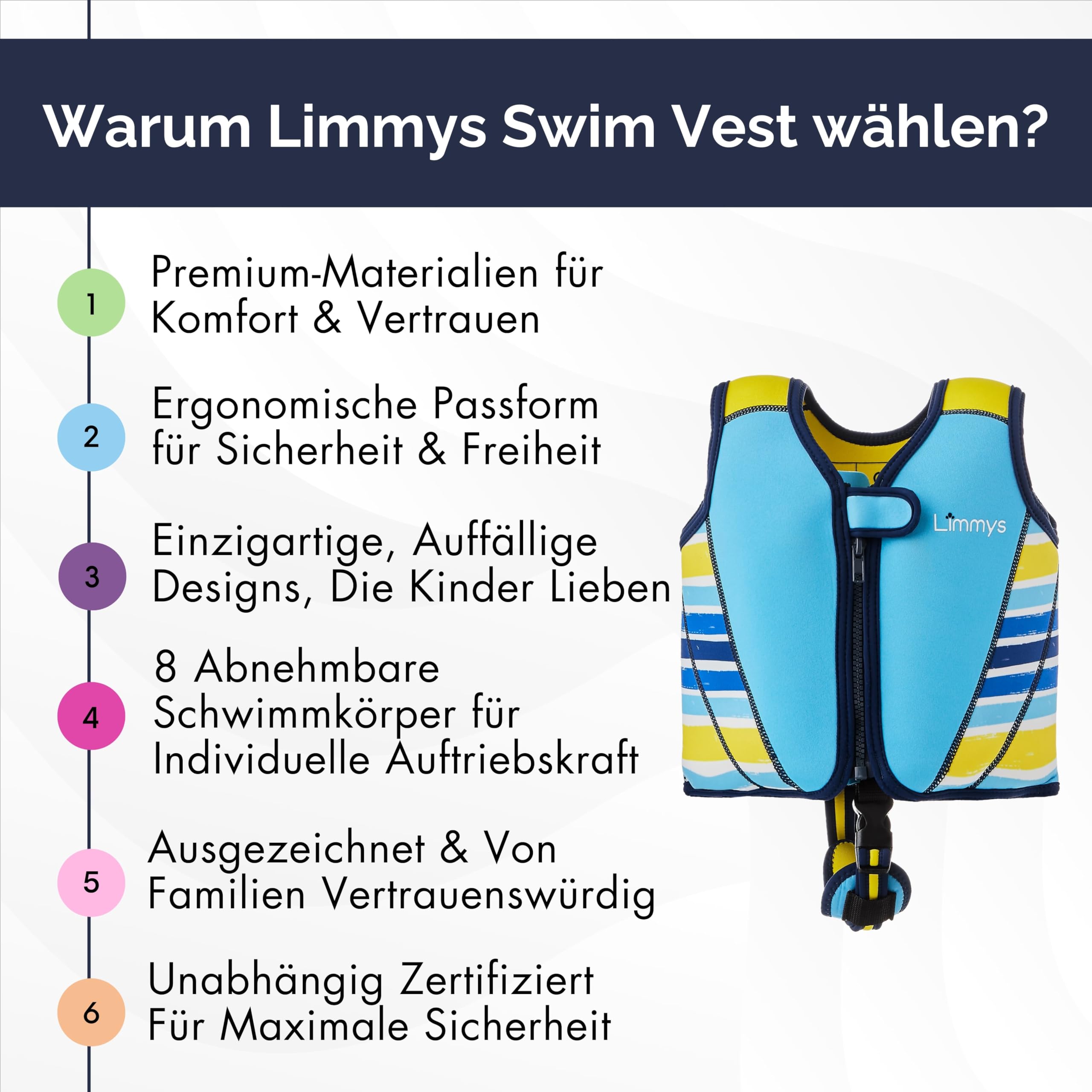 Limmys Schwimmweste für Kinder – Schwimmhilfe mit verstellbarem Auftrieb, Testsieger bei Vergleich.de, weicher Neopren-Komfort, sichere und robuste Verarbeitung, mit Transportbeutel 3