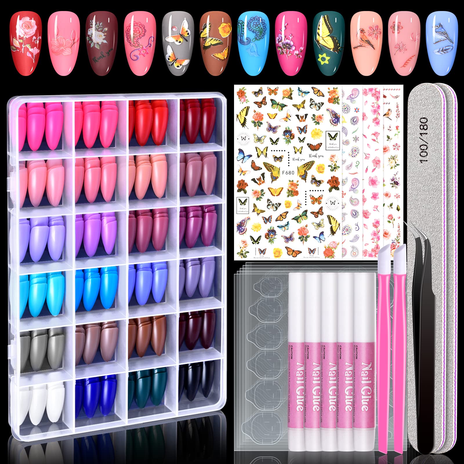 TsMADDTs Press On Nails Almond, 24 Colors 720PCS Short Fake Nails with Glues, Stickers, Tweezer for Women