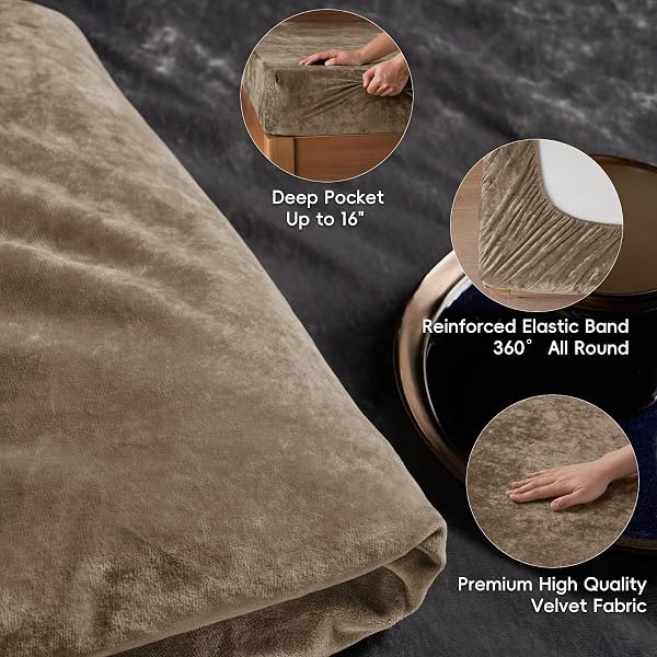 PHF TRULY VELVET FITTED SHEET ONLY KING SIZE, LUXURY SUPER SOFT COZY FUZZY FLEECE BOTTOM SHEET, DEEP POCKET UP TO 16″,STRENGHTH ELASTIC BAND,SUITABLE FOR FALL WINTER SPRING, NO PILLOWCASES, KHAKI