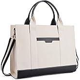 Missnine Tote Bag Canvas Laptop Bag 15.6 inch Briefcase for Women Large Capacity Handbag for Office, College, Travel (Black+Beige)