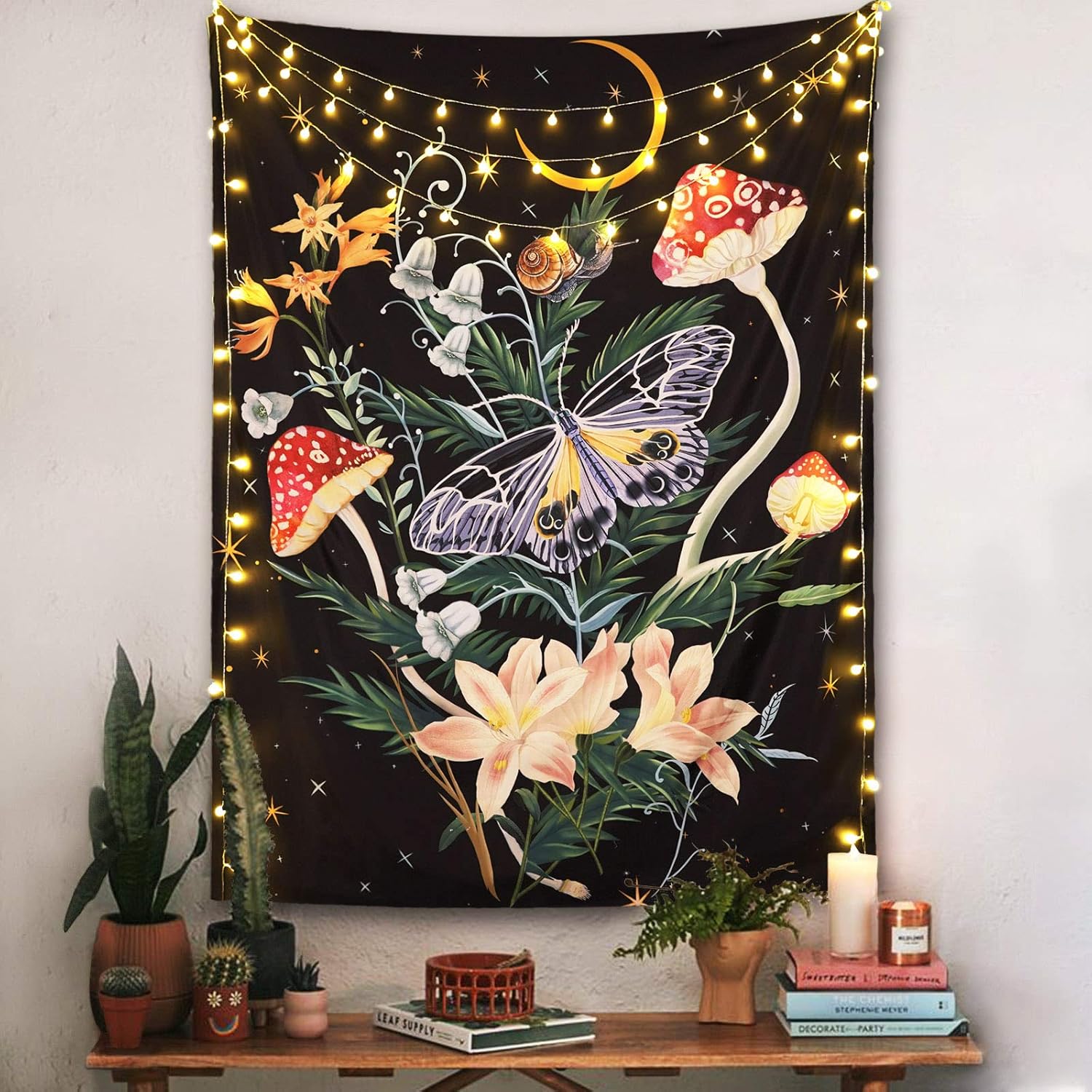Tapestries - Fowocu Butterfly and Flower Tapestry Nature Mushroom Floral Plant Tapestries for Bedroom Aesthetic Colorful Moon Stars Snail Vertical Wall Tapestry for Living Room Dorm (Black, 36'' × 48'')