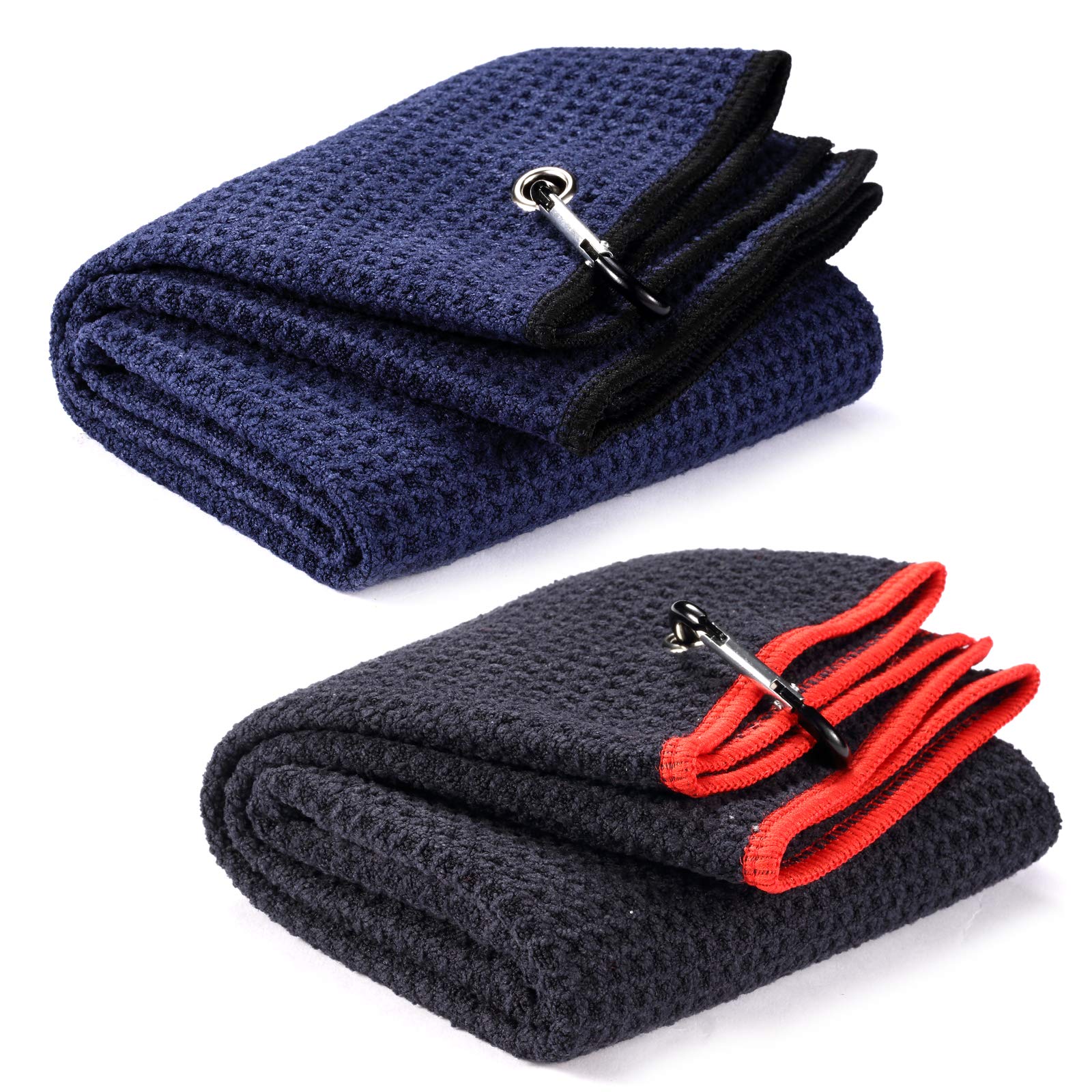 Yizerel 2 Pack 16" x 24" Tri-fold Golf Towel Set, Microfiber Fabric Waffle Pattern Towels, Heavy Duty Carabiner Clip (2 Pcs, 2 Colors)