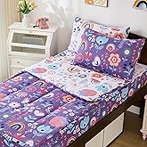 DJY Zipper Bedding Set Twin, Purple Floral Bedding Sets for Girls, Kids Comforter Set with Fitted Sheet Pillowcases, All in One Zipper Bed Set for All Seasons