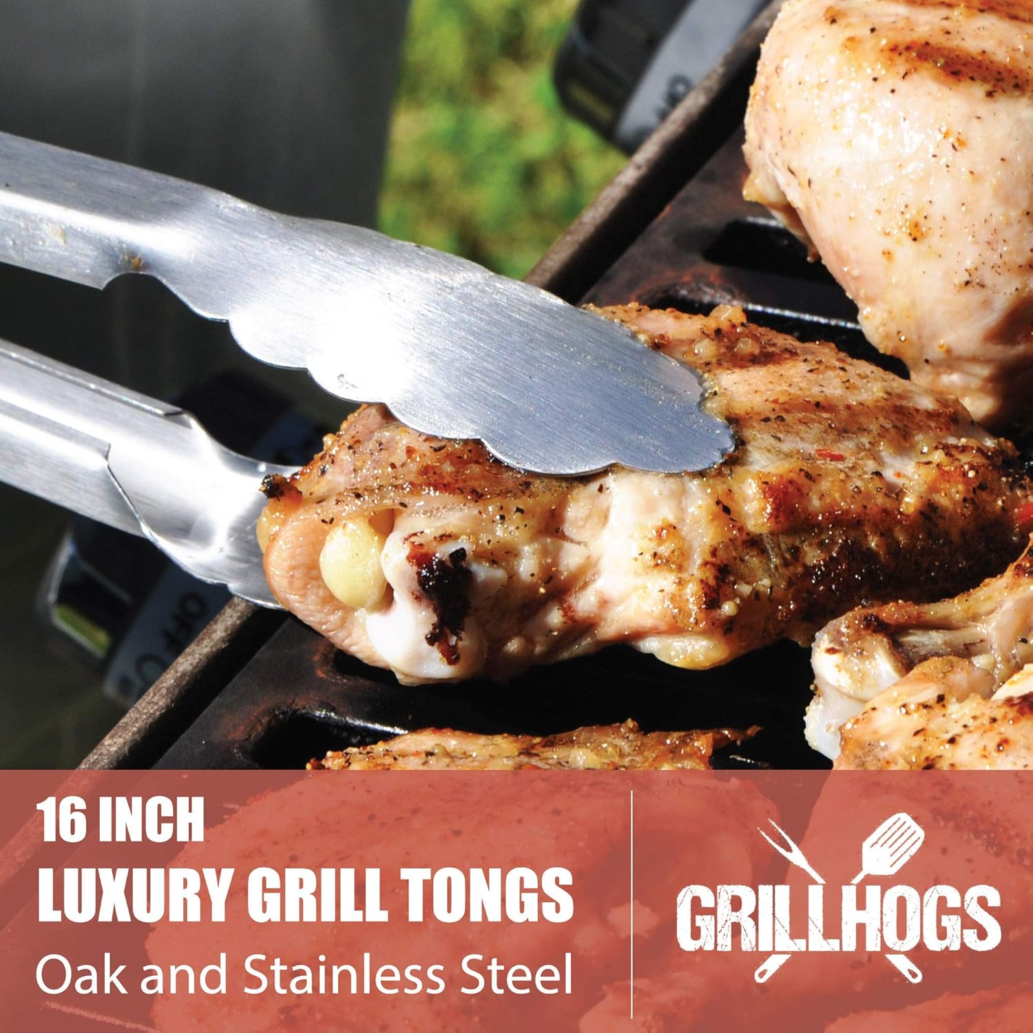 GRILLHOGS Dropkick Your Old Tongs, 16-Inch Barbecue Tongs are The Only Equipment That Can Handle Your Massive Meat, Stainless Steel + Oak Wood BBQ Tongs, Premium Grill Tongs : Garden & Outdoor