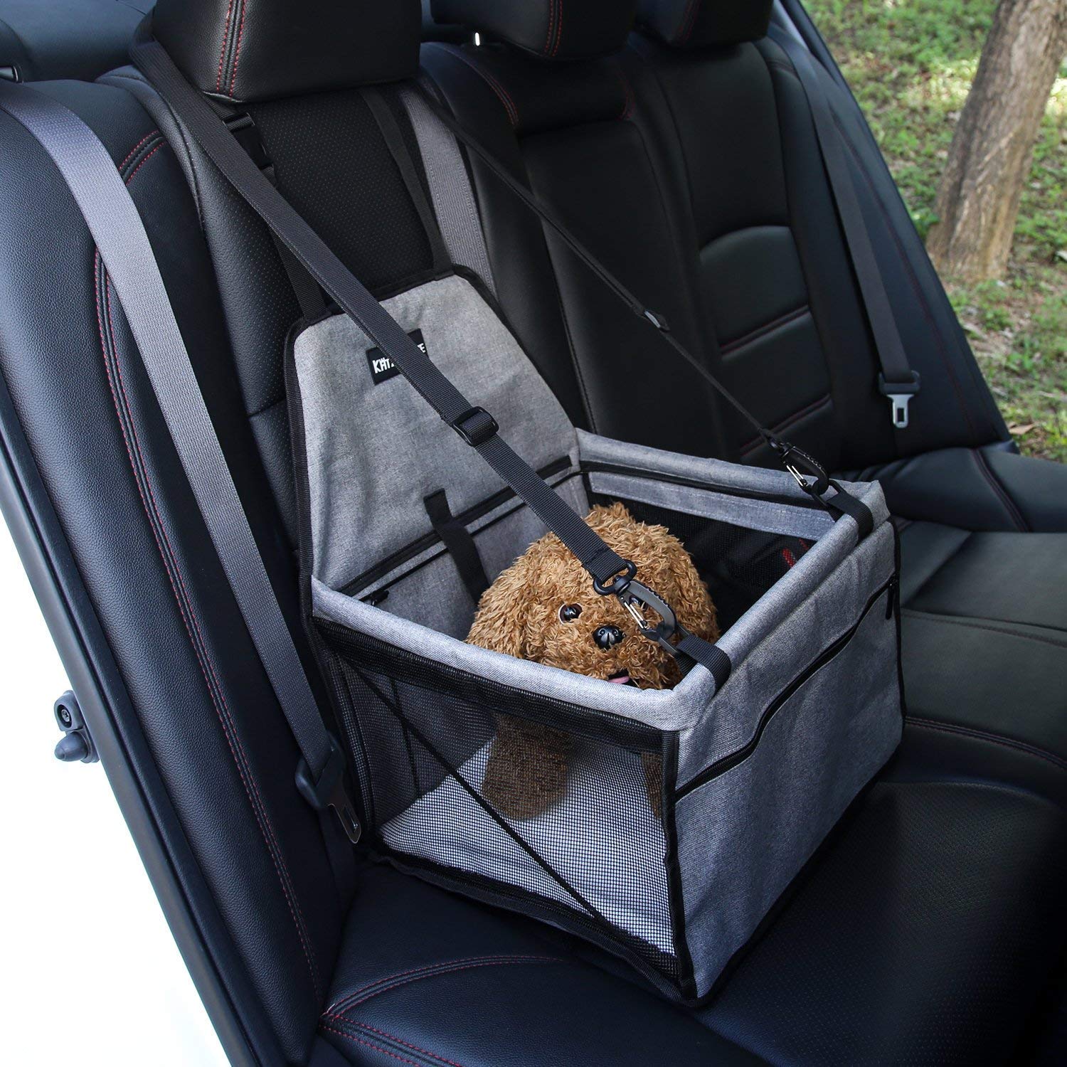 KatzeTatze Pet Car Booster Seat for Dogs Cats, Folding Waterproof Dog Car Seat, Breathable Mesh Design Travel Seat Protector Cover Pet Carrier Bag with Clip-On Safety Leash and Zipper Storage Pocket