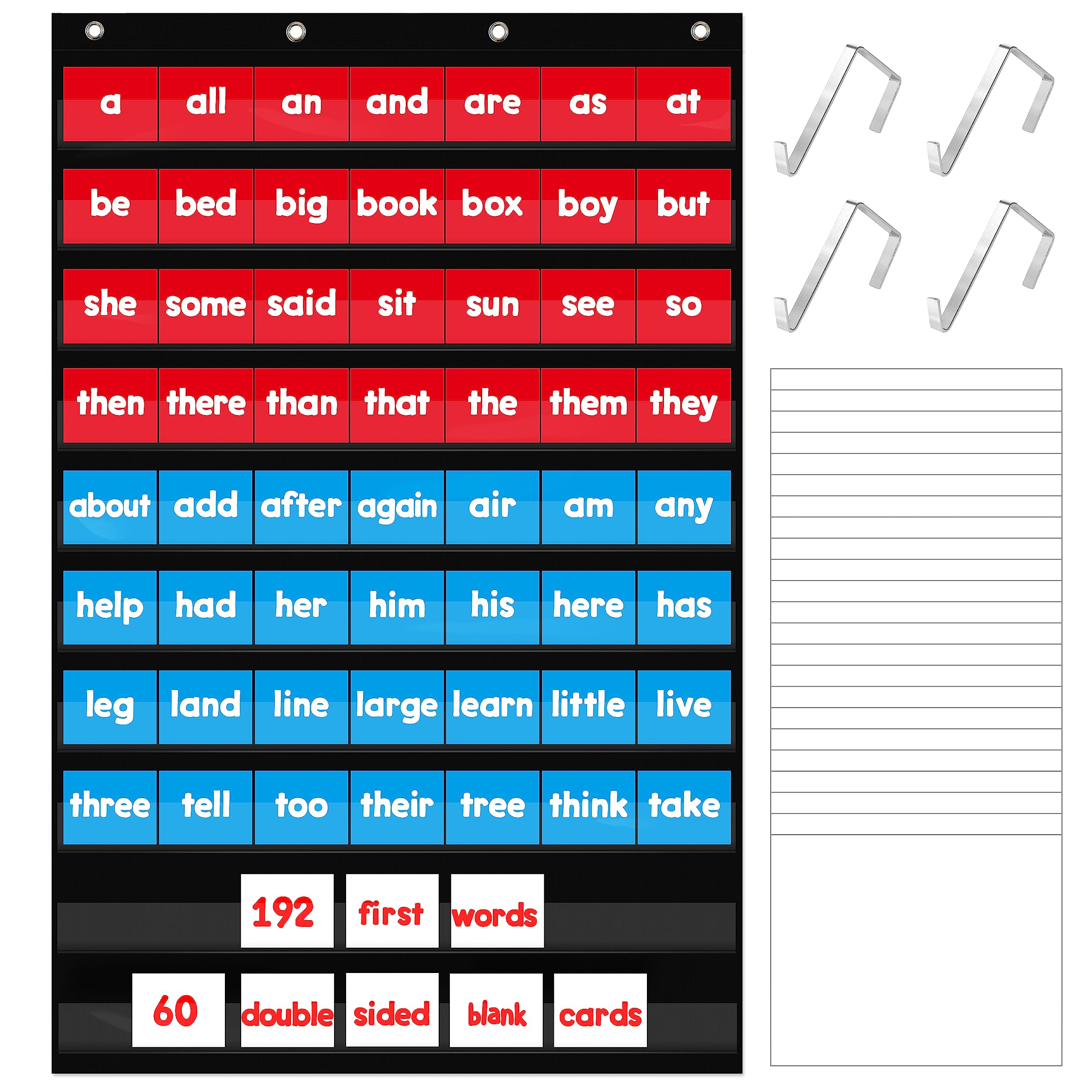 Photo 1 of Daily Schedule Pocket Chart, Class Schedule with 10 Clear Pockets, 156 Double Sided Cards (192 First Words+60 Blanks) Plus 4 Over Door Hangers for Classroom Home School (43” x 28”, Black)