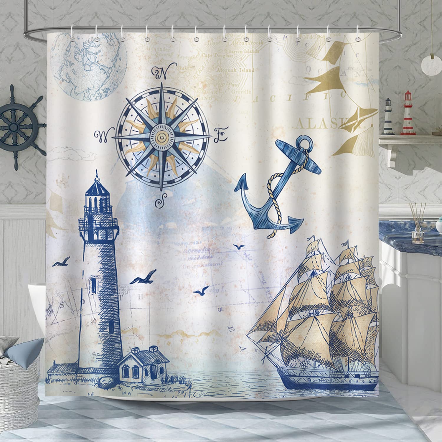 Bonhause Nautical Sailboat Shower Curtain 180 x 180 cm Lighthouse Compass Anchor Bathroom Curtains Waterproof Mildew & Mould Resistant Polyester Fabric Bath Curtain with 12 Hooks