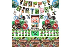 54Pcs Minecra_ft Pixel Birthday Decorations, Pixel Balloons Party Supplies Include Birthday Banner Cake tablecloth Toppers La