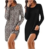 Ekouaer Women's 2 Pack Sleepshirt Dress Comfortable Nightshirt Nightgown Long Sleeve Button Down Sleepwear