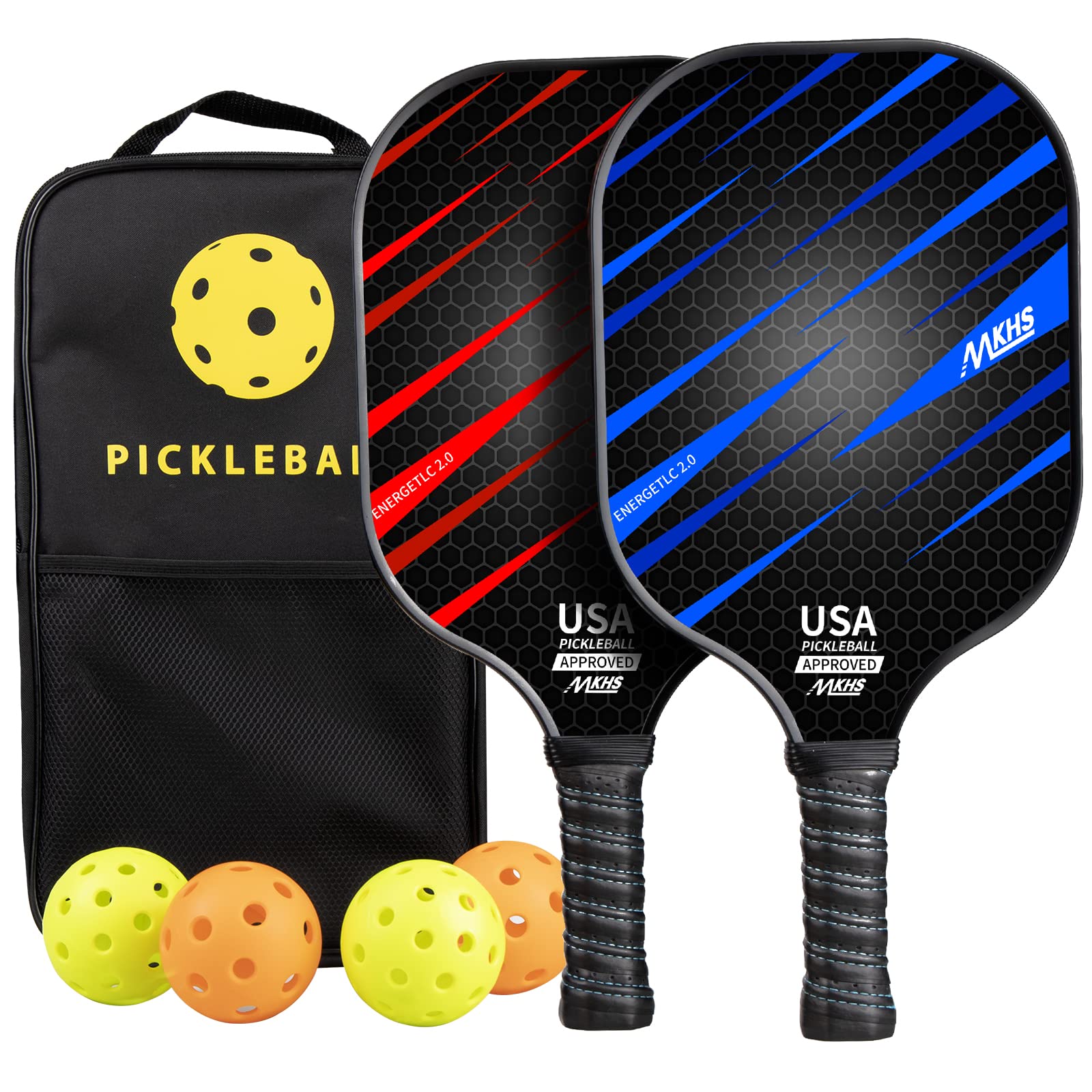 MKHS Pickleball Paddles, Pickleball Paddles Set of 2 - USAPA Approved, A Carbon Fiber Face, Honeycomb Pickleball Rackets with 2 Pickleball Racquets, 4 Balls and a Portable Carry Bag