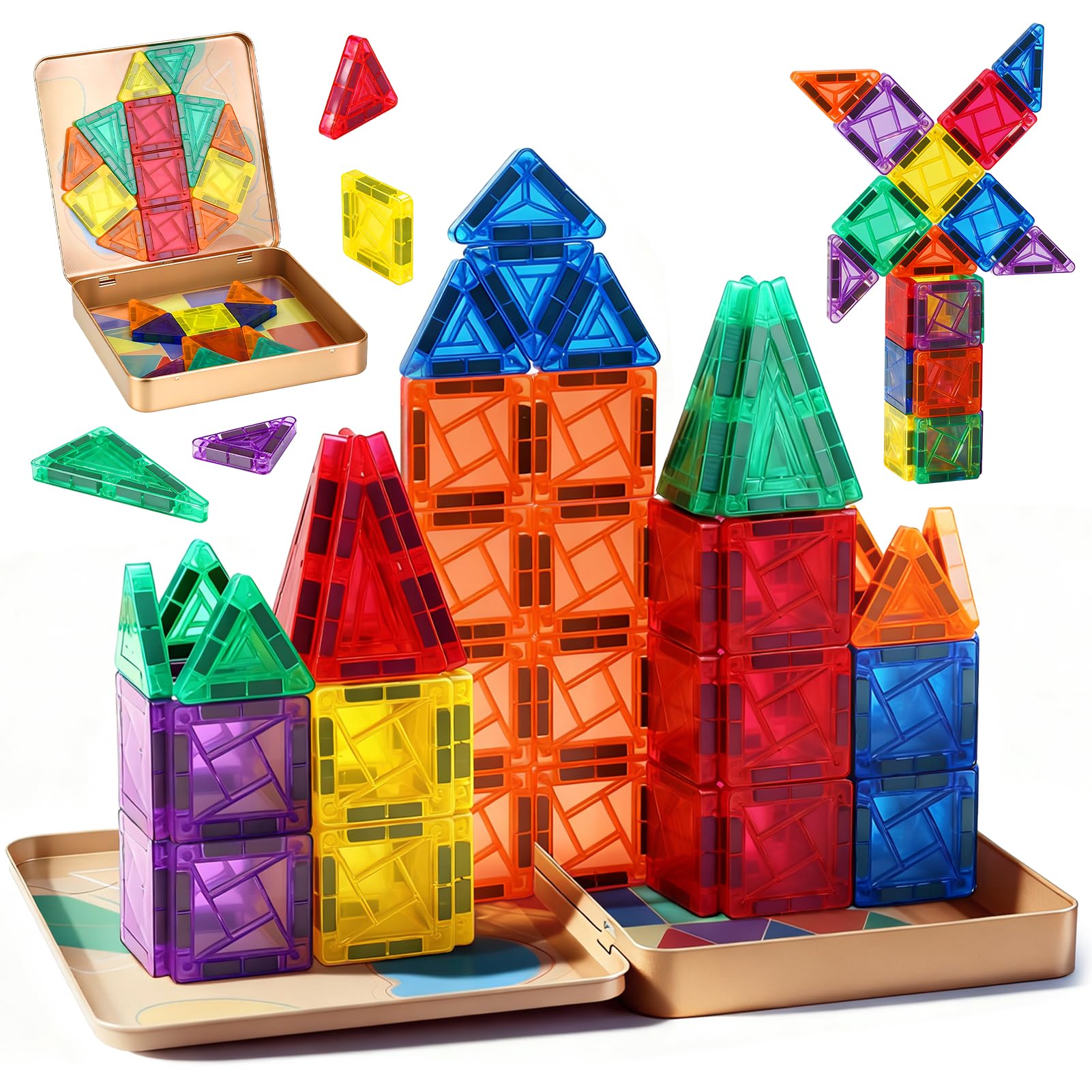 Dreamon 60 PCS Mini Magnetic Tiles Set Travel Magnetic Tiles for Kids with Iron Case Magnetics Blocks Building Toy Christmas Birthday Gift Boys Girls Age 3 4 5 6 7 8 Years