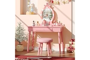 Vabches Kids Vanity with Lights, Vanity Set with Mirror and Stool, Wooden Makeup Dressing Princess Table with Drawer for Little Girls,Pink