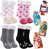 Foaincore 4 Pairs Fuzzy Cat Socks for Women Cute Warm Winter Animal Slipper Socks Bulk with Christmas Gift Bag Fleece Lined Non Slip Grippers