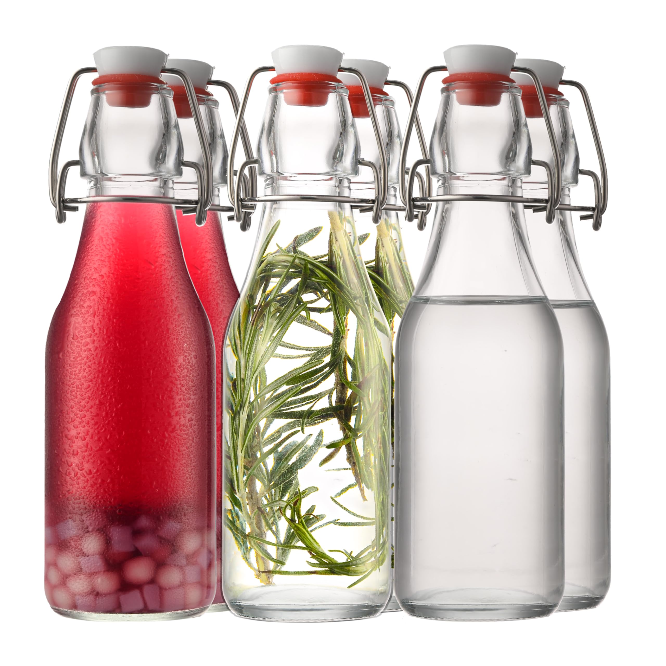 Danmu Art 6PCS Glass Bottles with Stoppers 250ml - Airtight Swing Top Bottles for Vanilla Extract Kombucha Brewing Water
