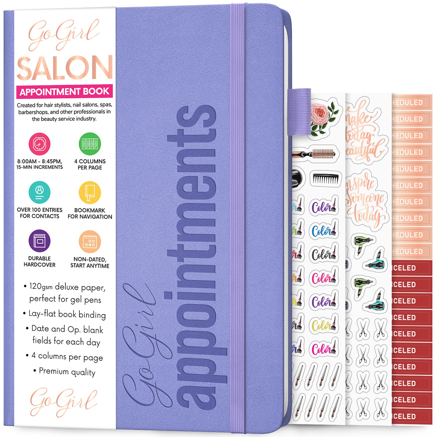 GoGirl Salon Appointment Book – Reservation Book for Beauty Salons, Spas, Hair Stylists, Estheticians – Appt Booking Planner, 18x25.5cm (Lavender)