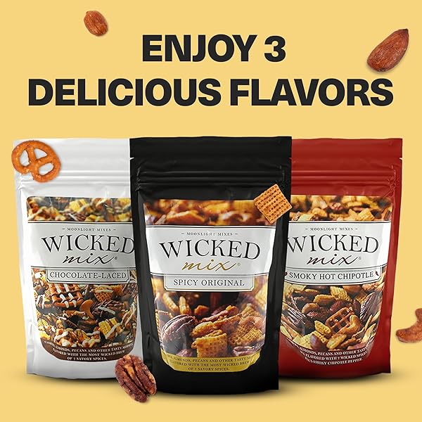 WICKED MIX SNACK MIX WITH MIXED NUTS – SWEET AND SALTY SNACKS TRAIL MIX SNACK PACKS WITH ALMONDS, CASHEWS, PRETZELS, PECANS – HEALTHY SNACKS ZERO TRANS FAT IN RESEALABLE BAG – SMOKY CHIPOTLE