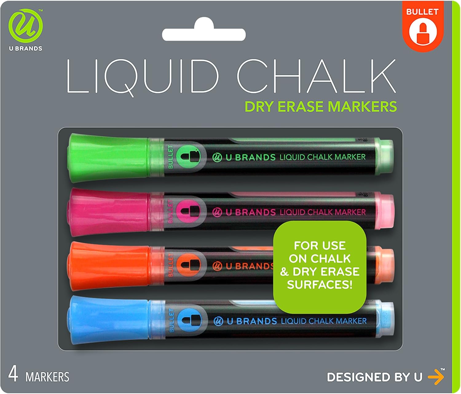 U Brands Liquid Chalk Dry Erase Markers, Bullet Tip, Assorted Colors, 4-Count