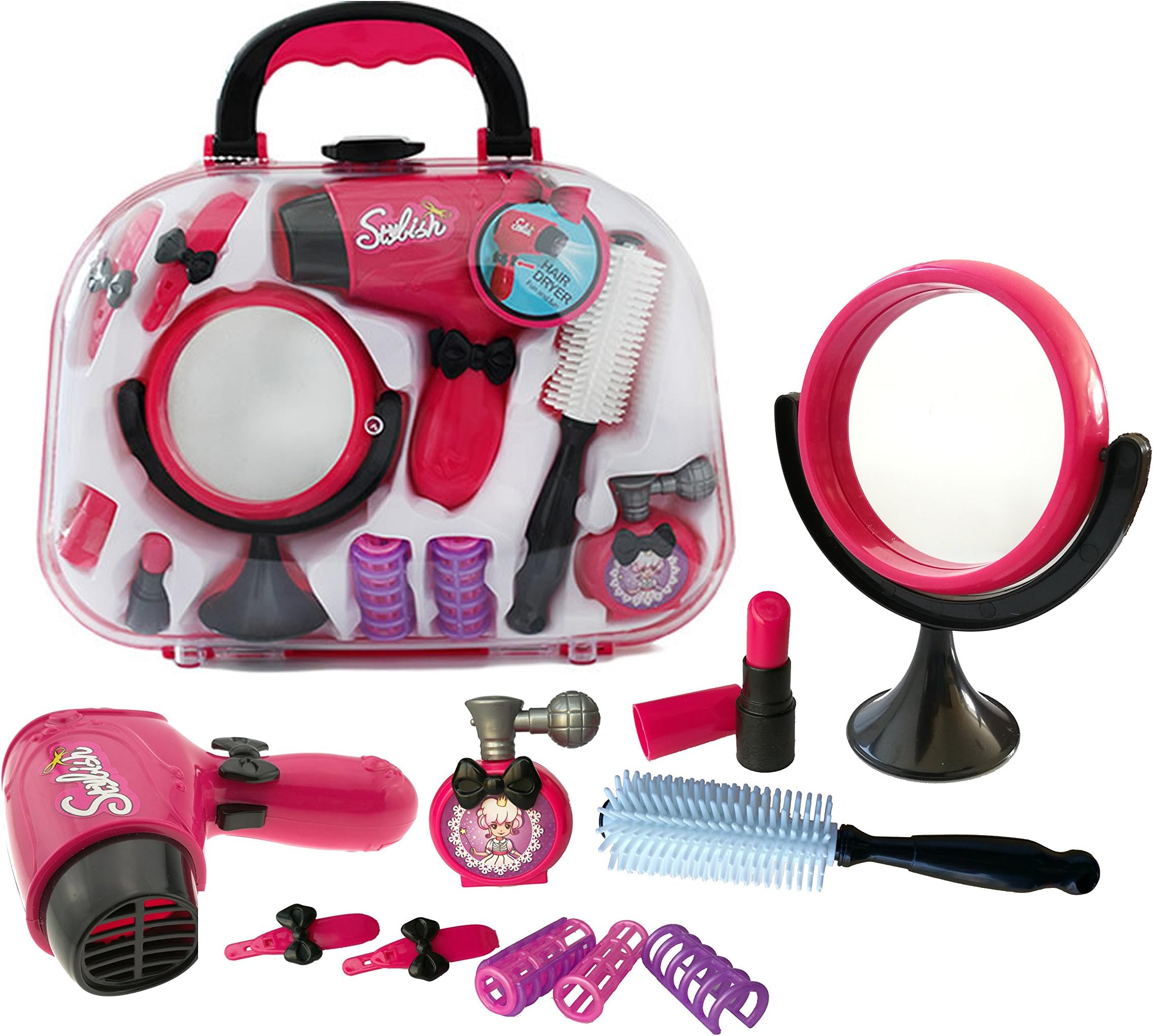 RIKKO Plastic Pretend Play Beauty Kit Including Hair Dryer Curling Iron Mirror Scissors Hair Brush and More
