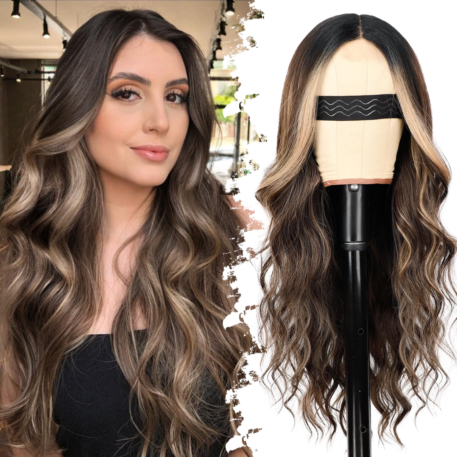 Photo 1 of Eawwii Dark Brown Mixed Blonde Wig for Women Long Wavy 4x1 Lace Natural Hairline Glueless for Beginners Middle Part Synthetic for Daily Party Use 26Inch