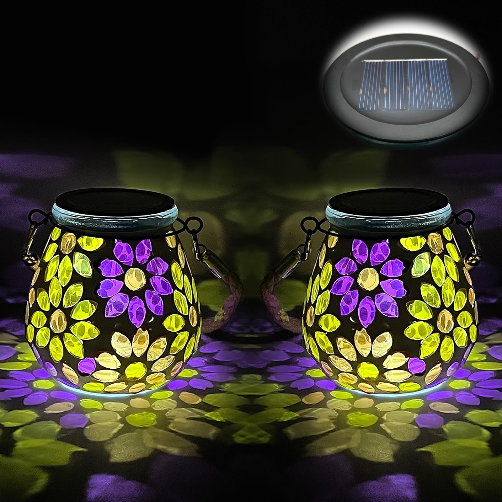 TOTHDATE 2PCS Oval Solar Mosaic Lights Outdoor Garden, On/Off Glass Hanging Solar Mosaic Lanterns Lights IP65 Waterproof for Table Lawn Path Courtyard Deck Fence, Flowers Mosaic Light