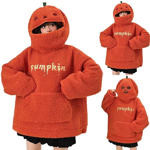 zip up hoodie Halloween Hoodies for Women Autumn Winter Trendy Letter Print Long Sleeve Sweatshirts with Fun Pumpkin Face Hood Soft Cosy Warm Hooded Pullover Top with Pockets Halloween Hoodie
