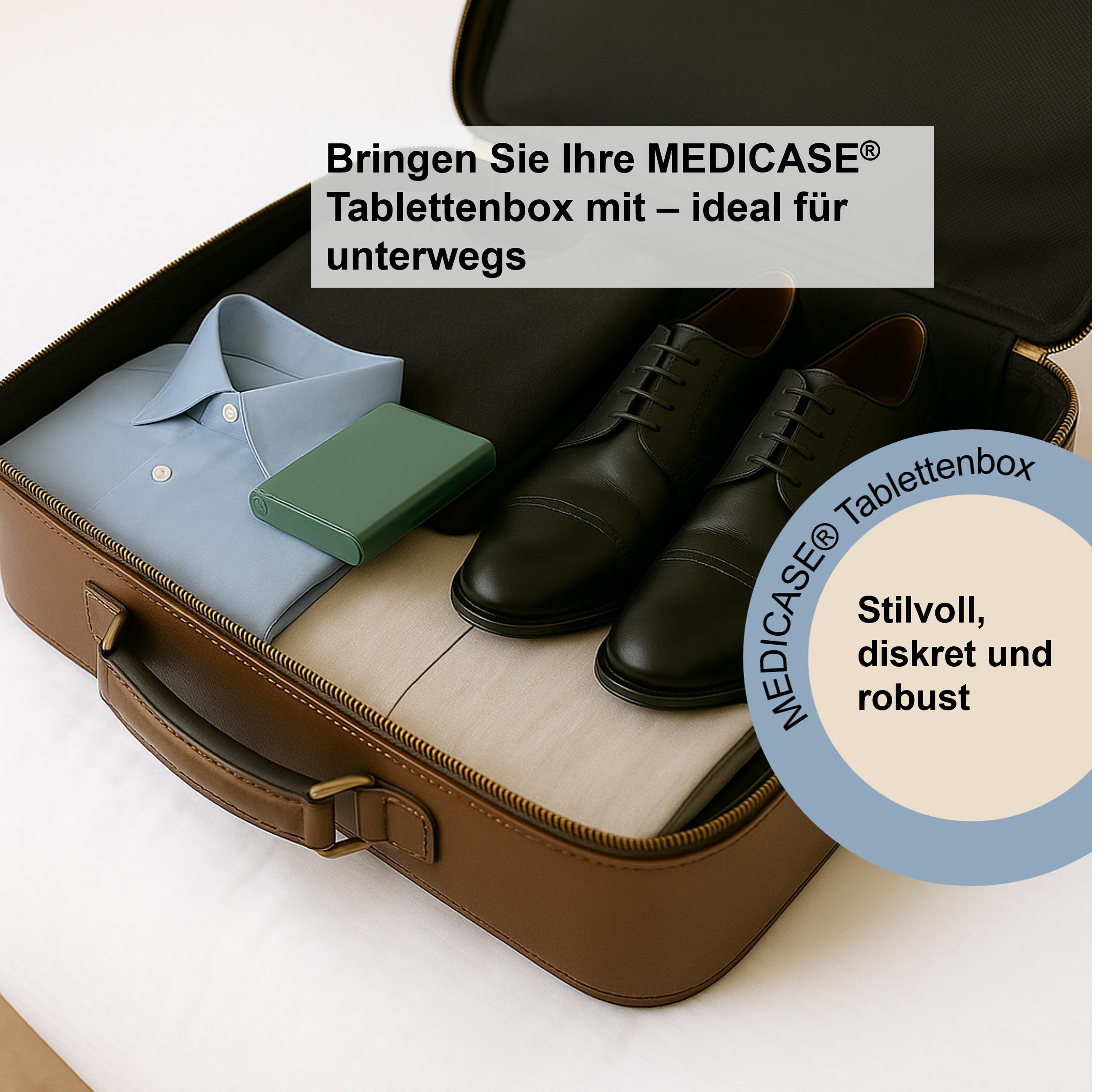 MEDICASE Exklusive und diskrete Tablettenbox 7 Tage | Dänisches Design | Hohe Qualität & Langlebigkeit | Für Heimgebrauch & Unterwegs | Kleine Dispenser, 4 Fächern, Wochentage auf Deutsch | Staub Grün 4