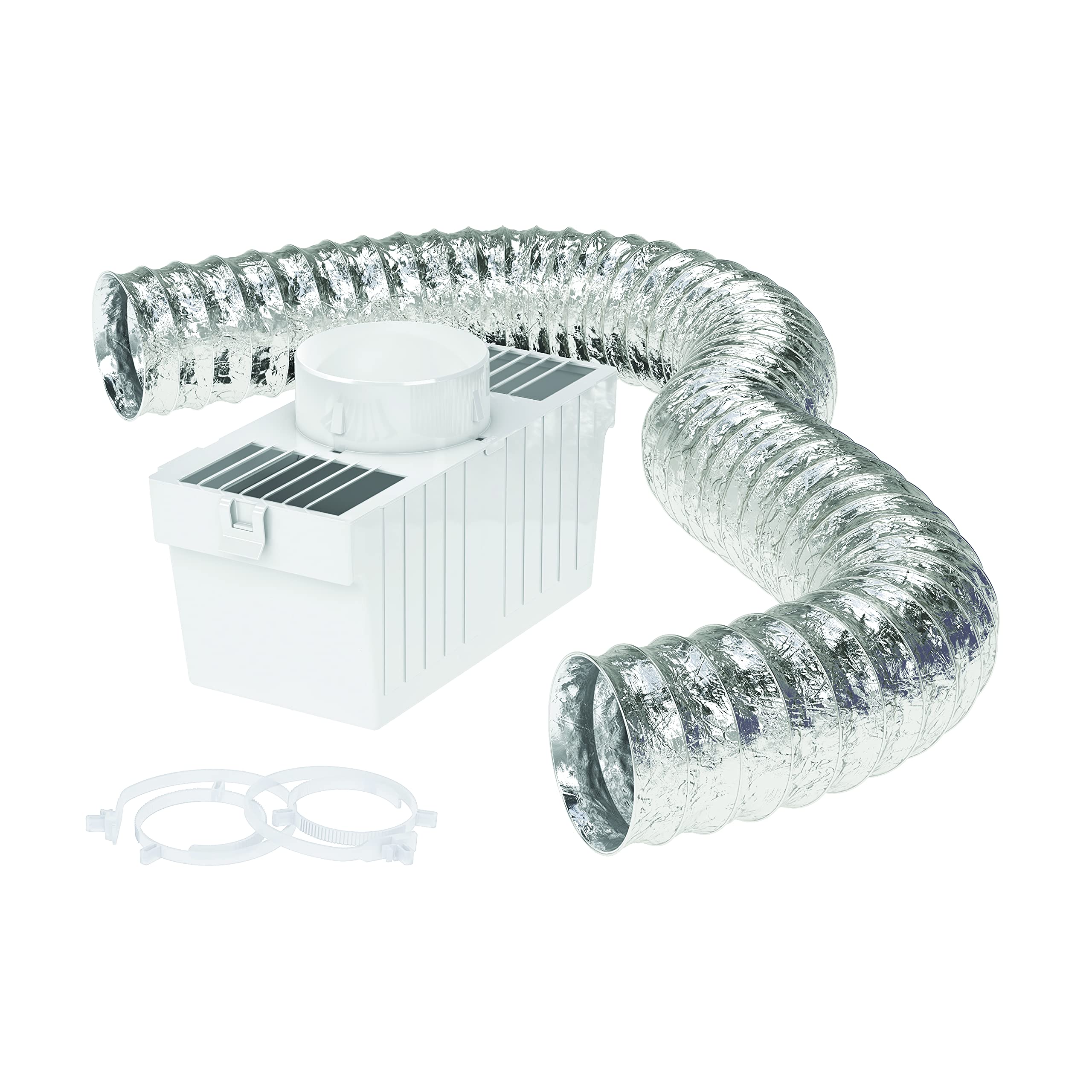 Deflecto LTF Indoor Dryer Vent Lint Trap Kit – Energy-Efficient Venting Solution with Supurr-Flex Flexible Duct, Plastic Lint Reservoir and Secure Clamps for Electric Dryers |Pack of 1 - White/Silver