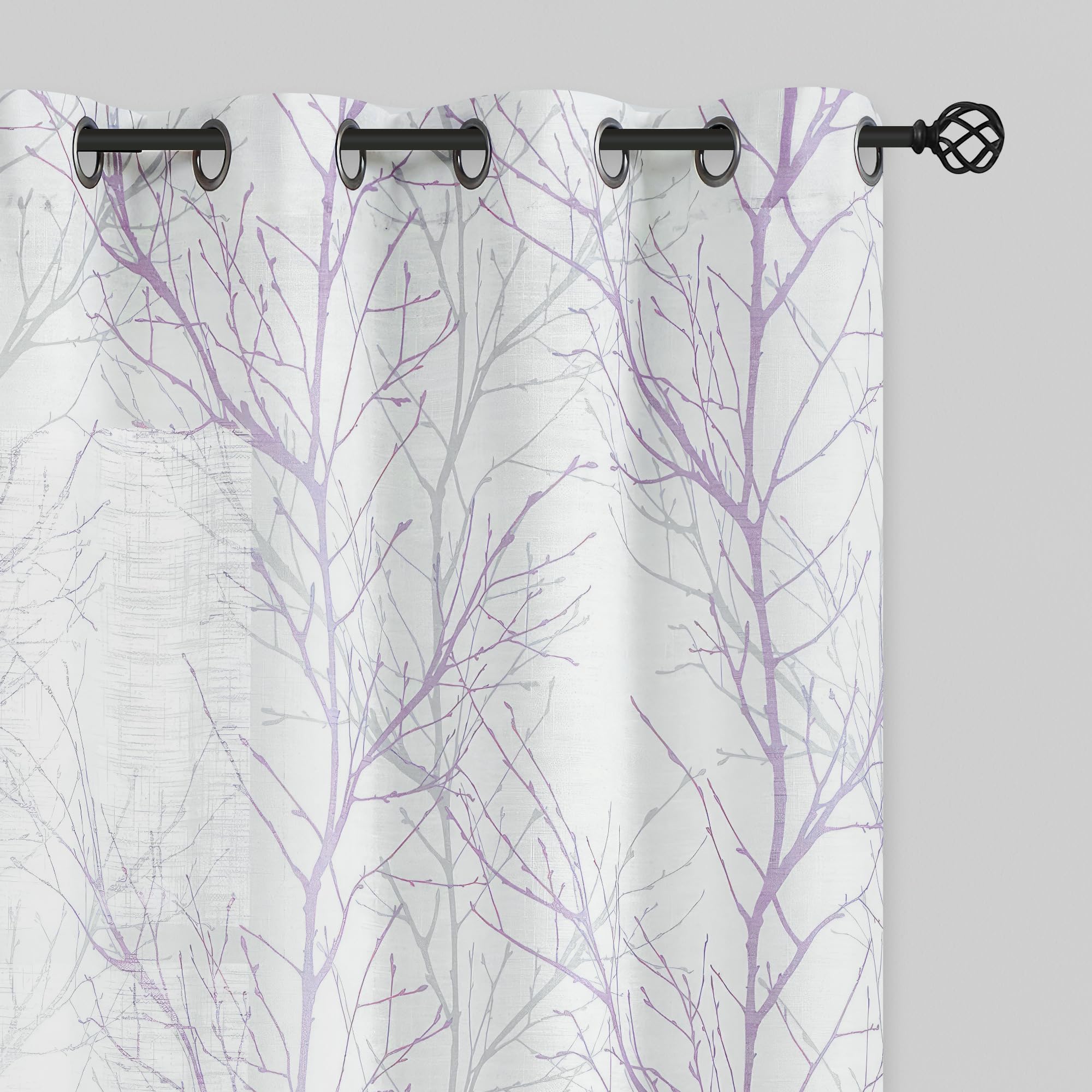 FMFUNCTEX Linen Semi Sheer Curtains for Bedroom, Lilac White Curtains 96 Inches Long for Living Room, Grey Tree Branch Patterned Curtain Light Filtering Farmhouse Window Drapes, Grommet Top 2 Panels