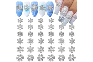 JERCLITY 30 Pieces Silver Alloy Christmas Snowflake Nail Charms Snowflake Christmas Nail Studs with Clear Rhinestone Diamond Christmas Silver Snowflake Nail Decorations for Women Christmas Nail Art