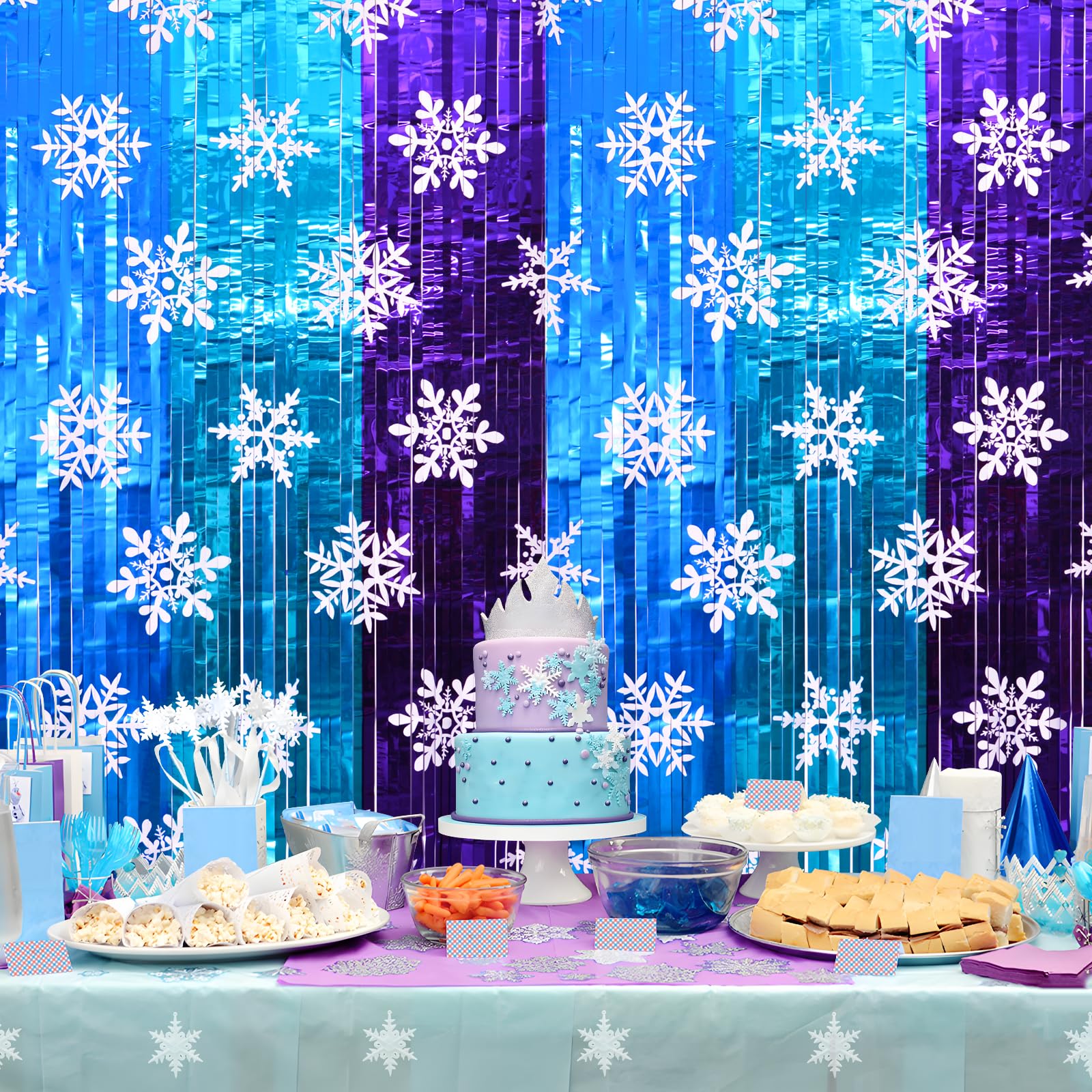 Bupelo Winter Princess Birthday Party Decorations, 2 Pack Ice Birthday Party Supplies 3.3x6.6ft Tinsel Foil Fringe Curtains, Winter Photo Booth Prop Backdrop Streamer, Snowflake Birthday Party Decor