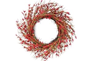 Bibelot 18inch Artificial Forsythia Flower Wreath, All Year Around Wreath for Front Door, Wedding Window Home Wall Indoor Front Door Decor (red, 18in)