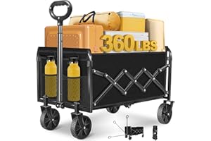 FFQ Collapsible Wagons Carts Foldable Wagon, Folding Wagon Cart with All-Terrain Wheels & 2 Cup Holders, Lightweight Portable Foldable Folding Wagons for Beach Camping Grocery Sports Garden, 360 LBS/Black