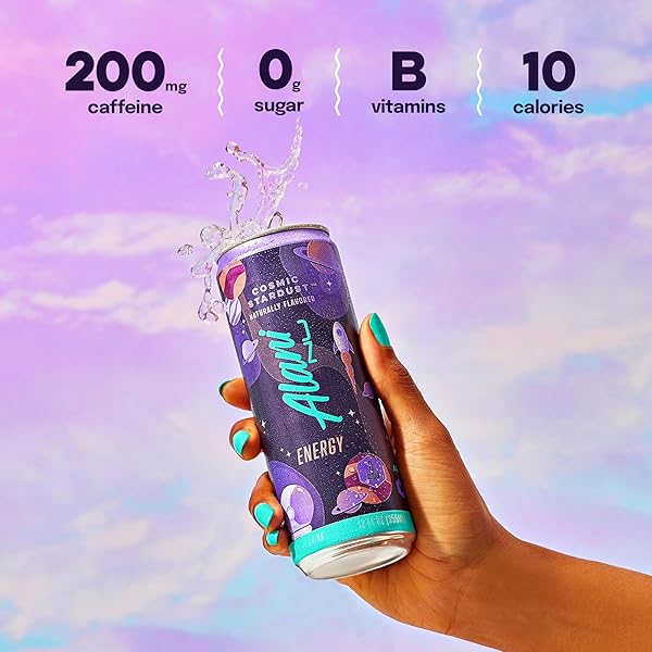 ALANI NU COSMIC STARDUST SUGAR FREE, LOW CALORIE ENERGY DRINKS | 200MG CAFFEINE | BIOTIN B VITAMINS | ZERO SUGAR | 10 CALORIES | 12 FL OZ CANS | 12 PACK