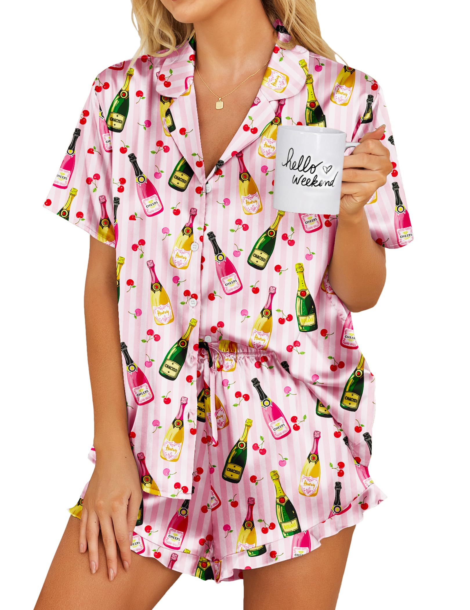 Ekouaer Silk Pajamas Womens Short Sleeve Sleepwear 2 Piece Satin Pjs Shorts Set Button Down Loungewear Champagne Bottle Pink XL Image