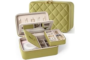 Lumayina Velvet Travel Jewelry Box with Large Mirror, Double-Layer Jewelry Organizer Case for Women and Girls, Portable Storage Case with 6 Anti-Tarnish Bags Gift Ready for Her (Avocado Green)