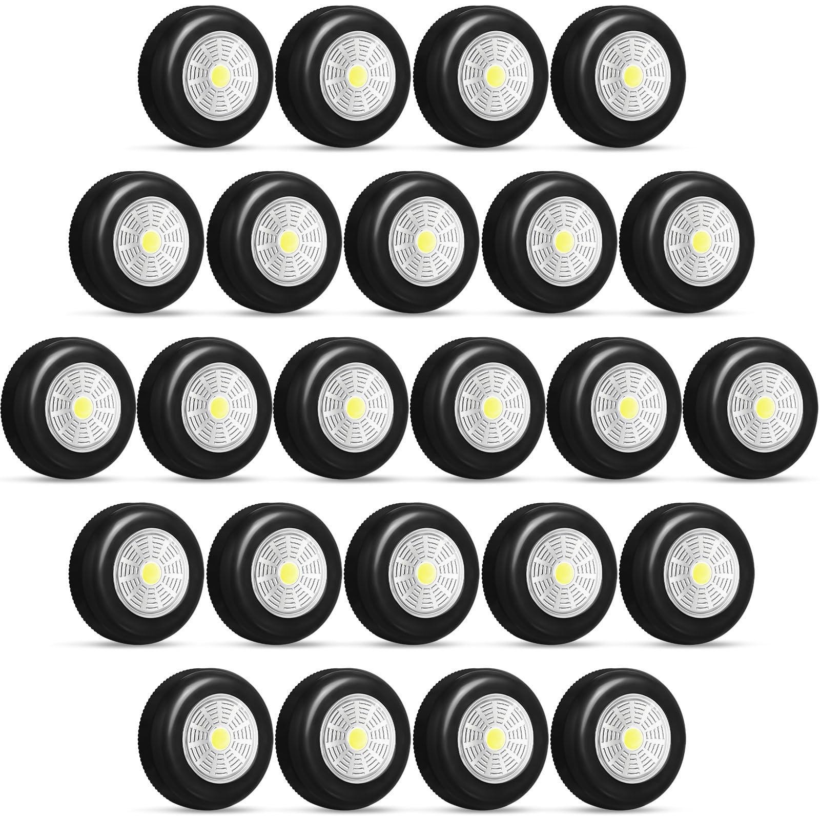 Photo 1 of Macarrie 24 Pcs LED Puck Lights Wireless Under Cabinet Lighting 60 Lumens Portable Push Battery Operated Lights Mini Touch Closet Lights Stick on DIY Tap Lights for Counter Wall, White Light (Black)