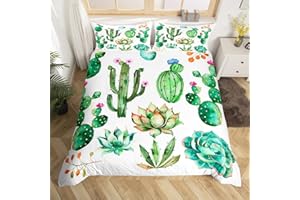 Feelyou Bright Cactus Printed Bedding Set Queen for Girls Boys Green Plants Succulents Bedding Duvet Cover Kids Teen Nature Art Soft Microfiber Bedroom Decorative 3 Piece Comforter Cover Chic
