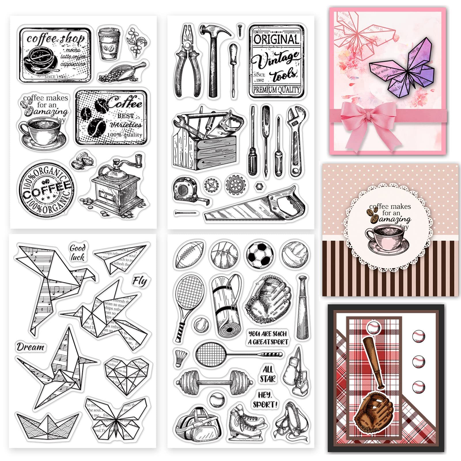 CRASPIRE 4PCS Silicone Clear Stamps Vintage Coffee Theme Sports Tools Pattern Clear Stamps for Card Making Decoration DIY Scrapbooking Embossing Album Decor Craft