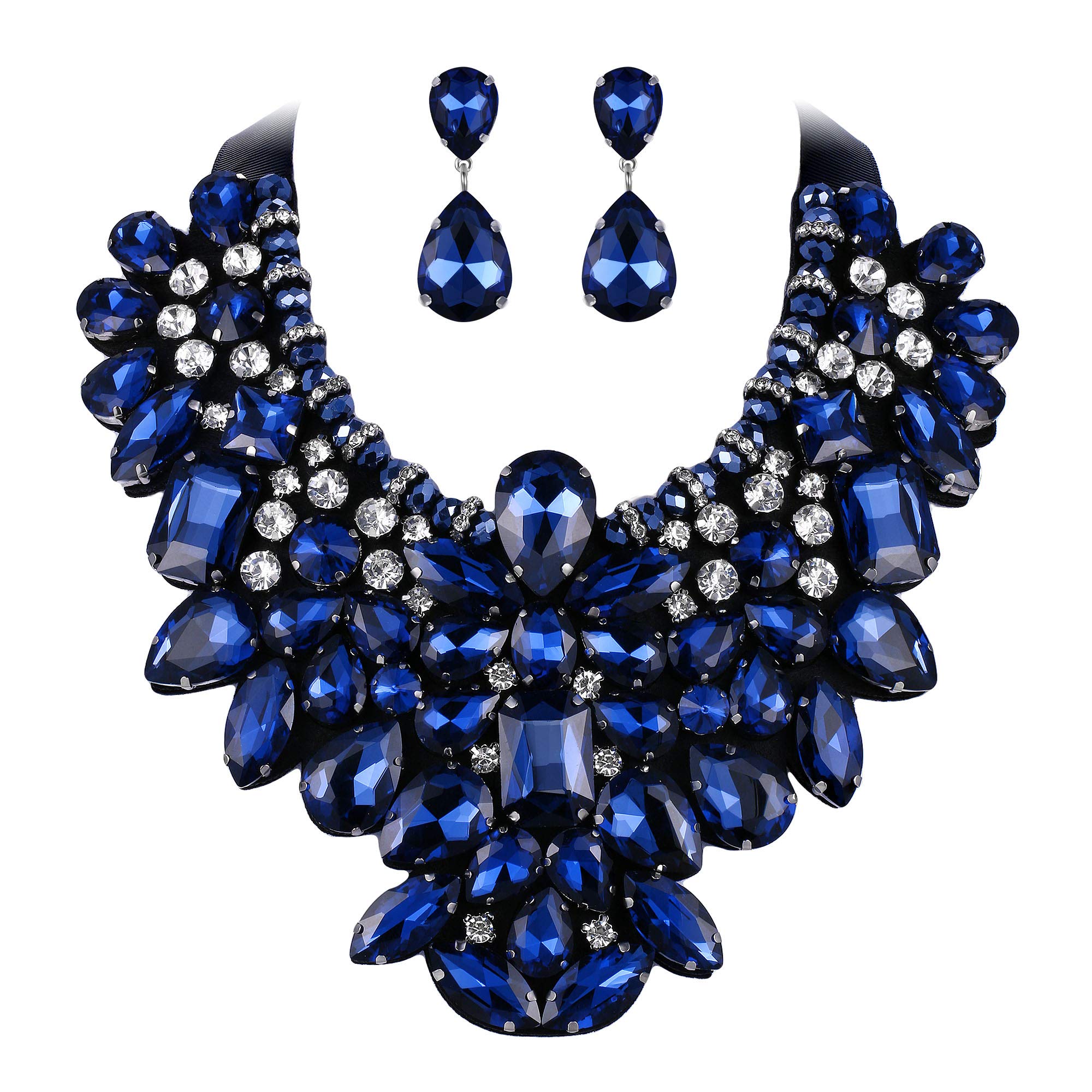 Ever Faith Costume Jewelry for Women, Navy Blue Rhinestone Crystal Chunky Collar Statement Necklace Earrings Set