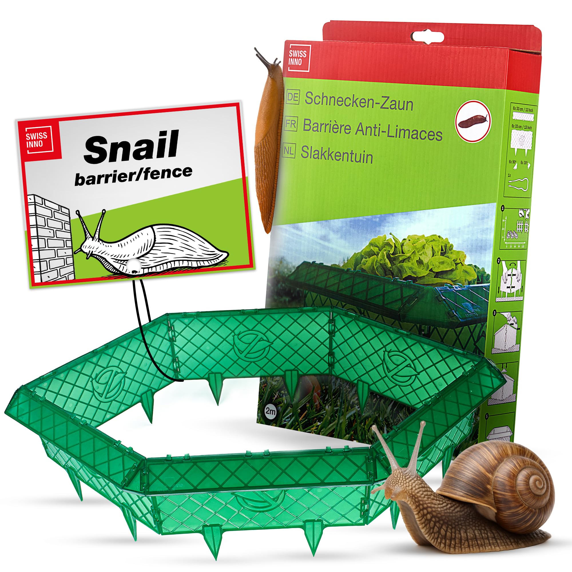 SWISSINNO Snail Fence Barrier - Slug and Snail Collar Protection - Complete 2m Barrier Kit with Modular Corners and Slug Picker - Reusable Slug Deterrent for Garden Beds and Borders
