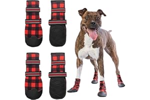FLYSTAR Dog Shoes for Medium Large Dogs, Waterproof Anti-Slip Rain/Snow Winter Warm Outdoor Dog Boots, Adjustable Reflective Rubber Sole Paw Protector Dog Shoes for Running Hiking Walking,etc.