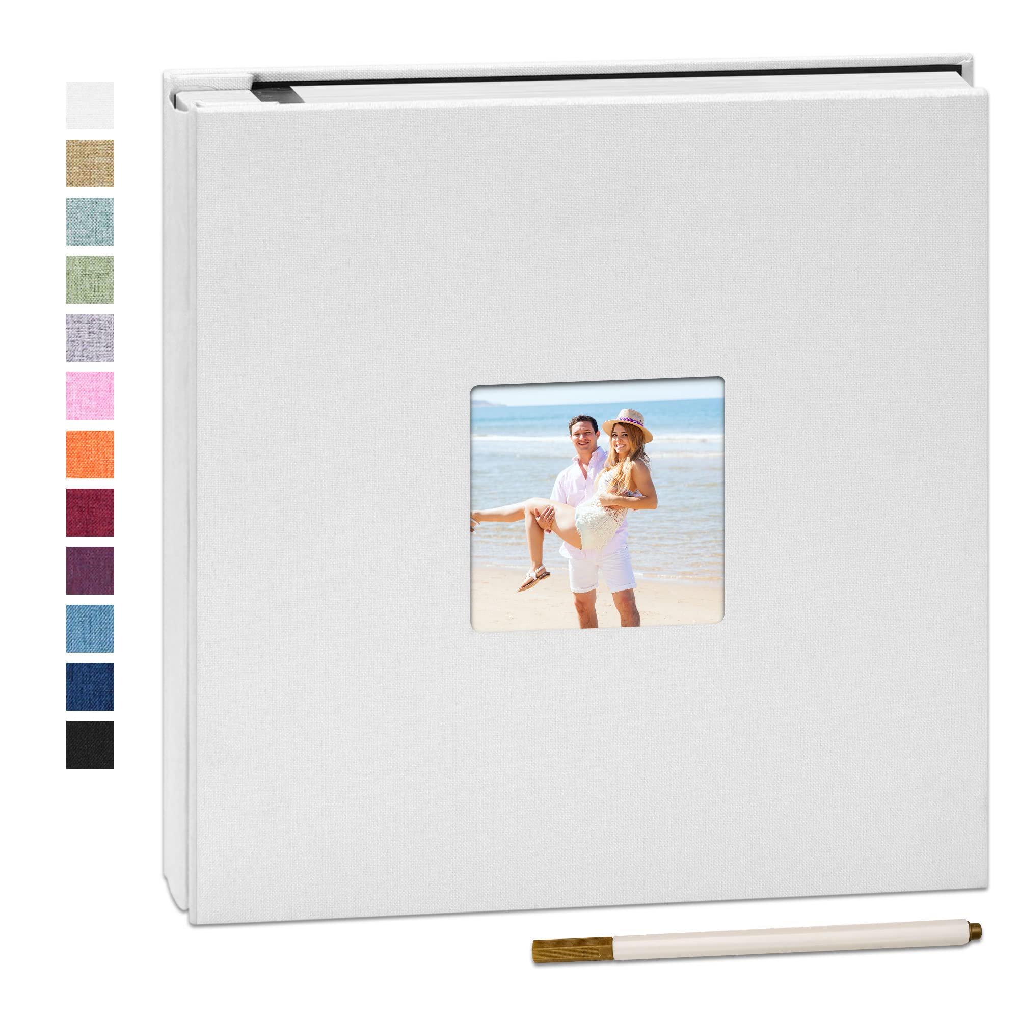 Yopih Self Adhesive Photo Album 28x27cm Fits 10x15 8x13 13x18 15x20 20x25 cm Photo Scrapbook with Window 40 Pages Linen Cover with A Metallic Pen DIY Memory Book for Baby Wedding Family White