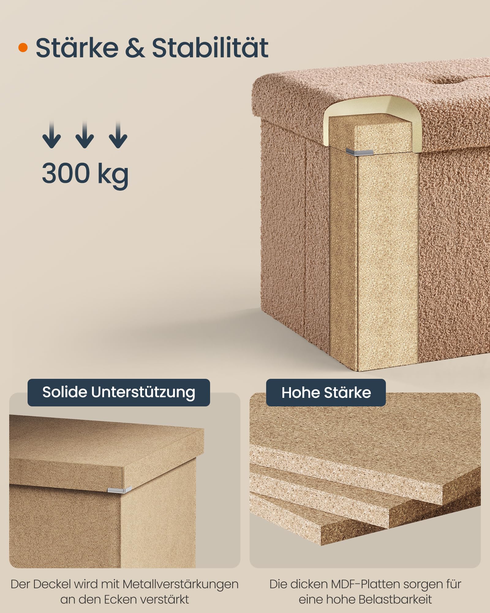 SONGMICS Hocker mit Stauraum, Faltbarer Sitzhocker, 38 x 110 x 38 cm Fußhocker, Sitzbank, Bettbank, Aufbewahrungsbox, bis 300 kg belastbar, Wohnzimmer Schlafzimmer Flur, Kamelbraun LSF097K01V1 6